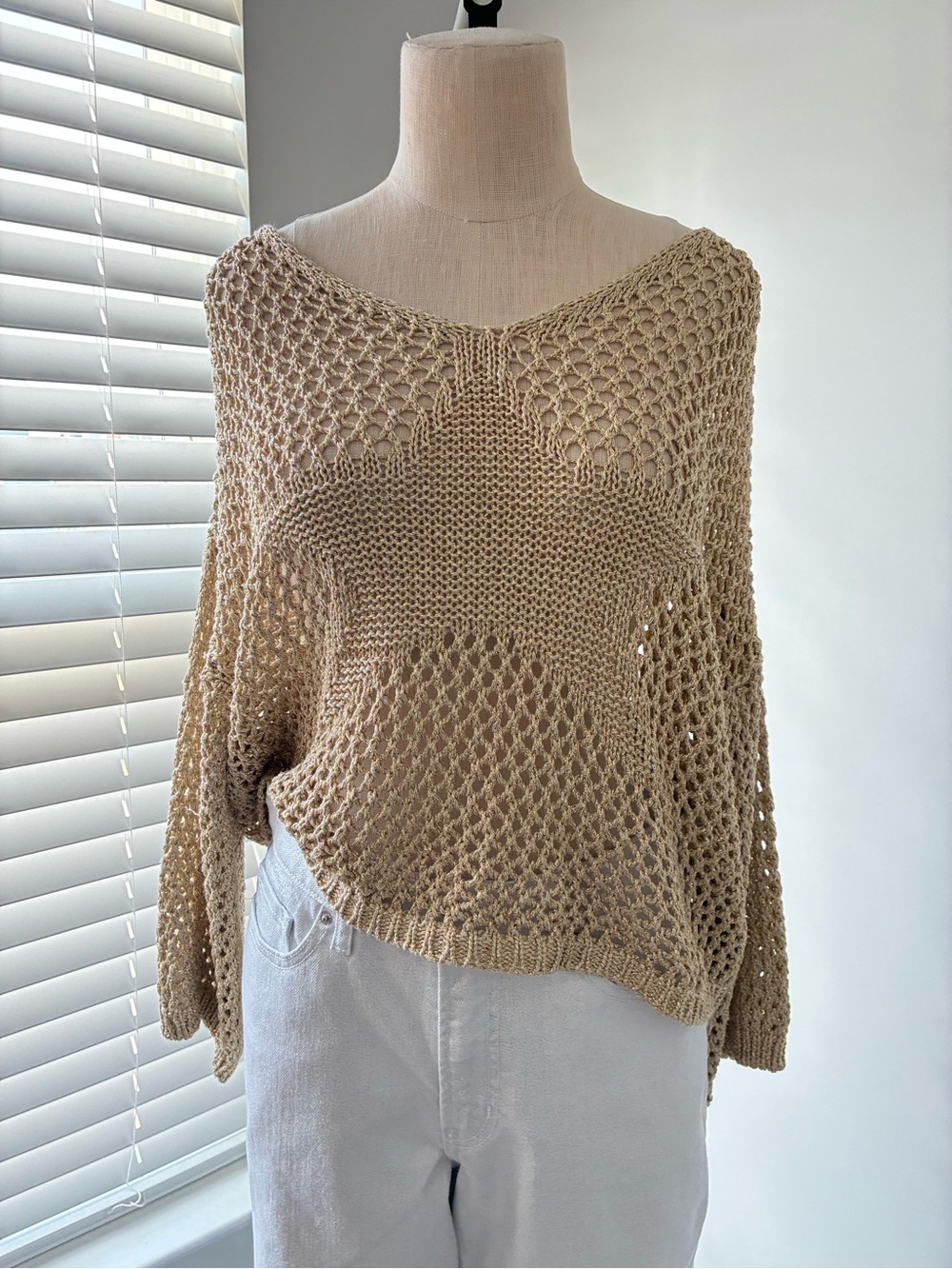Astrid Women's Gold Open-Knit Drop Shoulder Crochet Shimmery Star Sweater